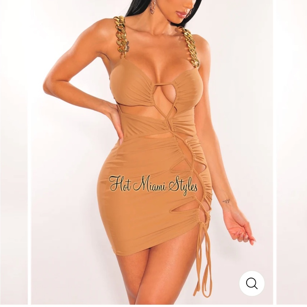 Hot Miami Styles Mocha Gold Chain Straps Drawstring Cut Out Mini Dress